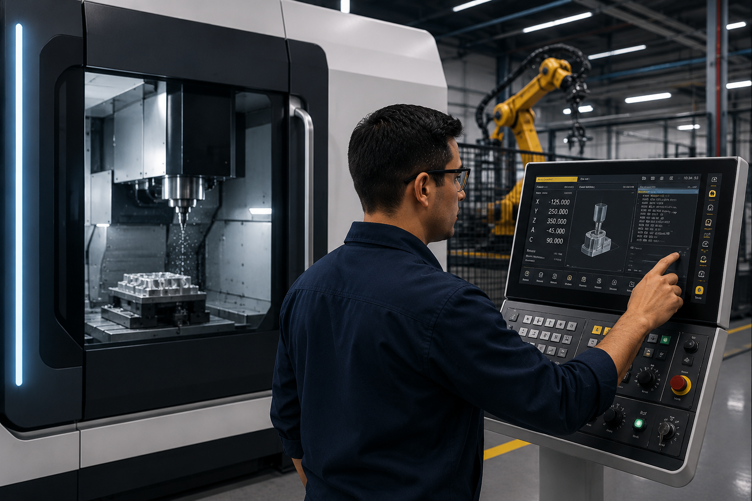 Ingeniero operando control CNC con robot industrial al fondo
