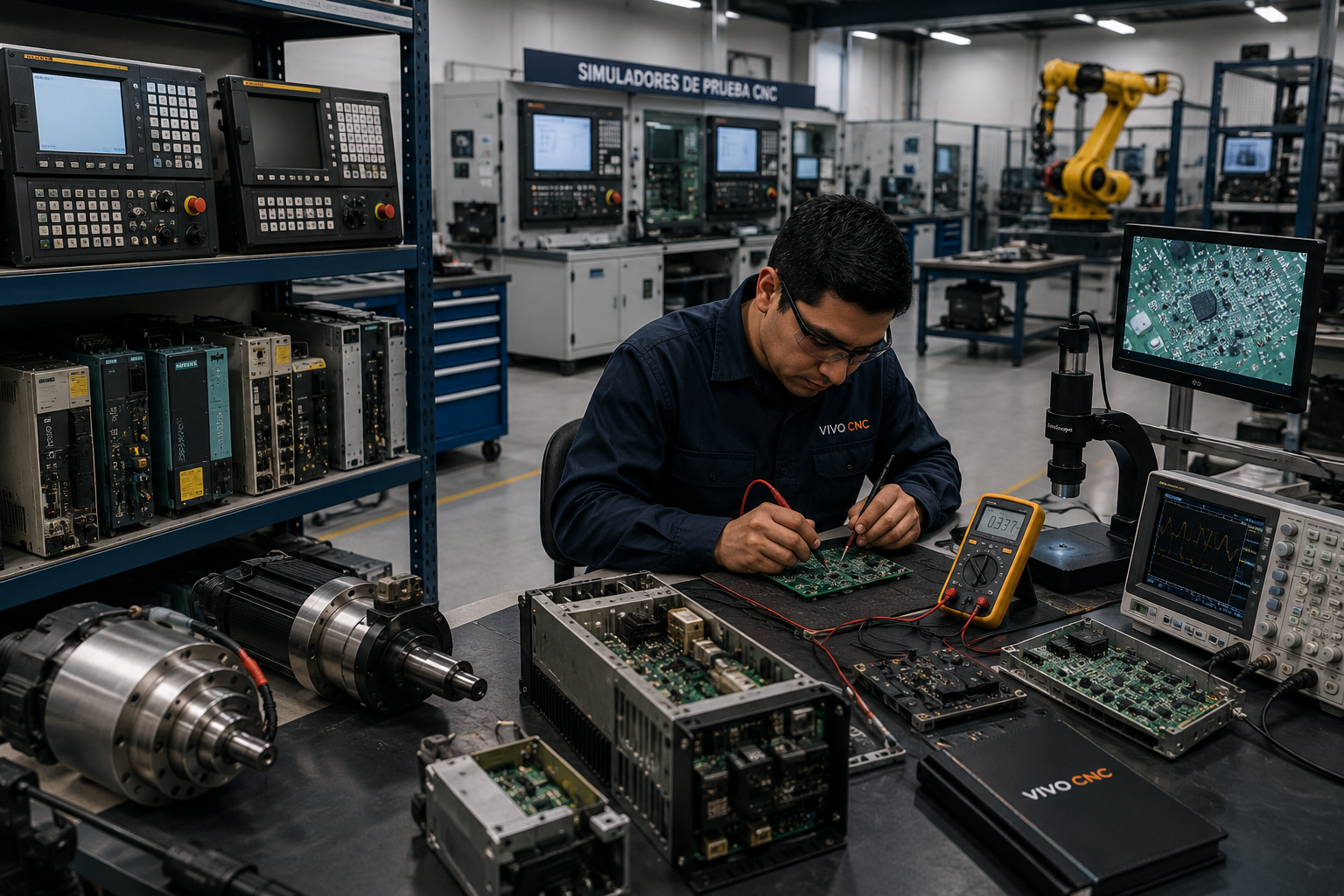 Ingeniero reparando tarjeta electrónica industrial