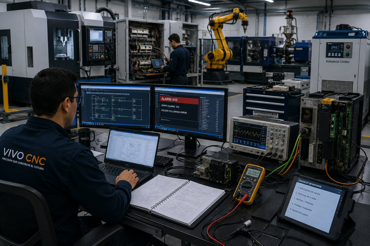 Ingeniero dando soporte técnico industrial